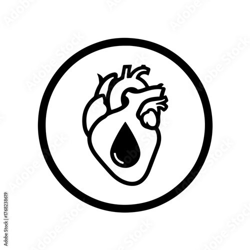 Compelling black and white vector icon that merges a heart (representing life, compassion, and the human body) with a prominent blood drop flowing from or positioned at its center