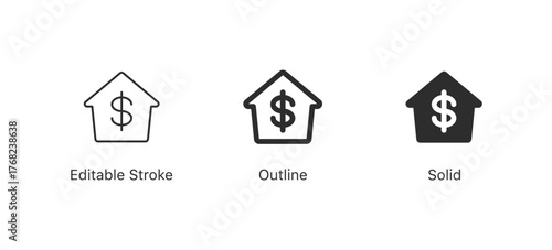 House with dollar sign icon set in editable stroke, outline, and solid styles. for real estate, mortgage, finance, property, investment concepts, value, and home finance