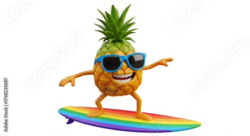 Funny cartoon pineapple wearing sunglasses surfing on a rainbow wave tropical fruit summer vacation mascot