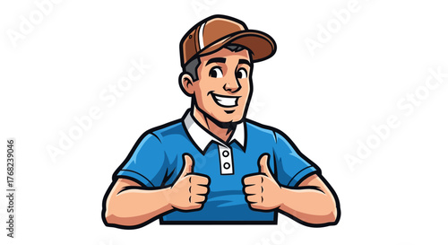 Enthusiastic worker illustration with thumbs up gesture and cap for success and approval