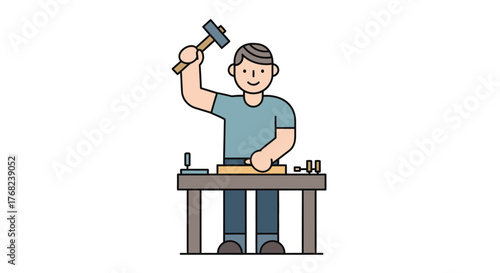 Illustration of a carpenter working on woodworking projects with a hammer at his workshop cartoon