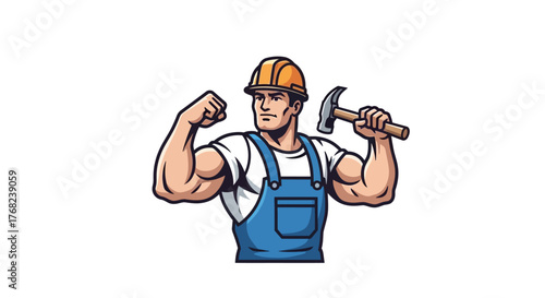 Cartoon illustration of a muscular construction worker posing with hammer and hardhat showing arm