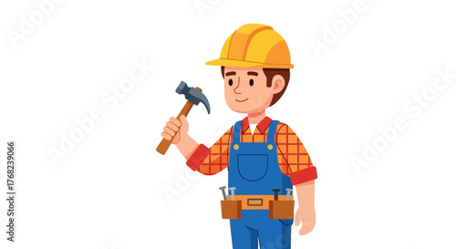 Cartoon construction worker character wearing safety helmet with hammer isolated on white background