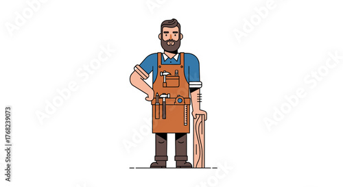 Craftsman with tools in apron and wooden plank presenting woodworking skills product