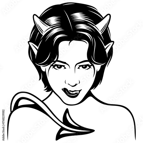 Hot Devil Girl Portrait. Realistic black and white vector drawing in pin up style.