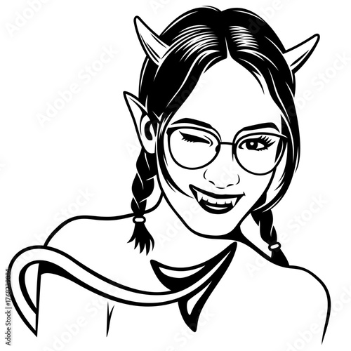 Devil Girl in Glasses Portrait. Realistic black and white vector drawing in pin up style.