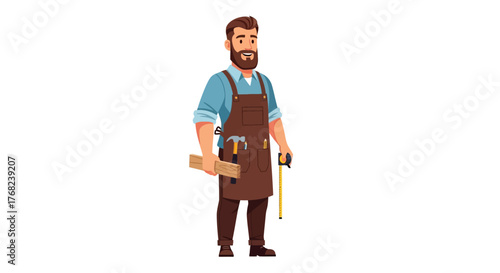Cartoon artisan in apron holding wooden plank and tape measure full body shot isolated on white