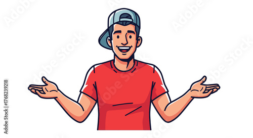 Cartoon character in red shirt, presenting with open palms in graphic illustration style