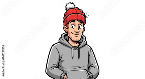 Cartoon illustration of a young man with a red beanie and a gray hoodie expressing a calm demeanor