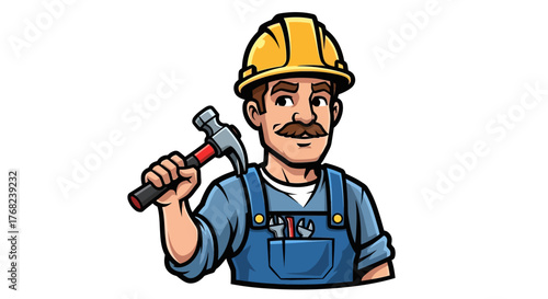 Cartoon builder character with hammer and construction tools, vintage style design