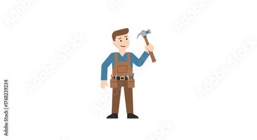 Cartoon depiction of a male carpenter proudly displaying a hammer ready for home repairs or