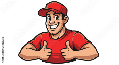 Enthusiastic cartoon character with red cap and shirt giving thumbs up gesture