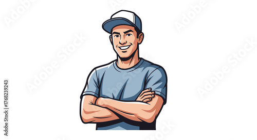 Confident cartoon man with arms crossed, embodies trust, service and dependable character