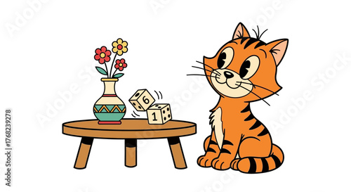 Playful cartoon cat with dice and flower arrangement adds whimsical charm to any design