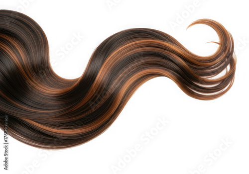 Luxurious flowing brunette hair strand with subtle auburn highlights detailed texture isolated on transparent background