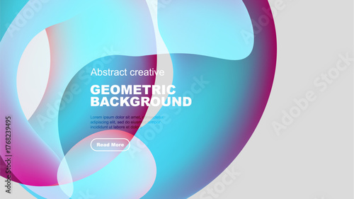 Abstract geometric background features flowing shapes, vibrant colors. Text overlay includes sample content, call to action button.