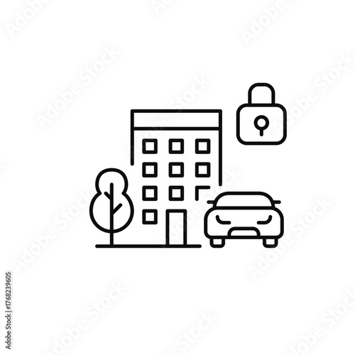 Building, tree, car and lock. Urban security, public safety and smart city access and control. Pixel perfect, editable stroke vector icon