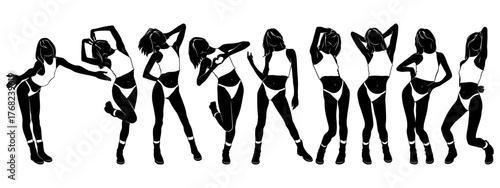 Dancing Girl in Different Poses Silhouettes Set. Vector cliparts isolated on white.