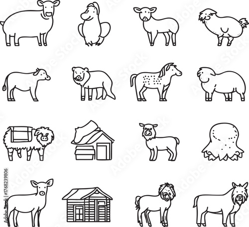 Line art illustration of farm animals and buildings on a white background in a grid pattern