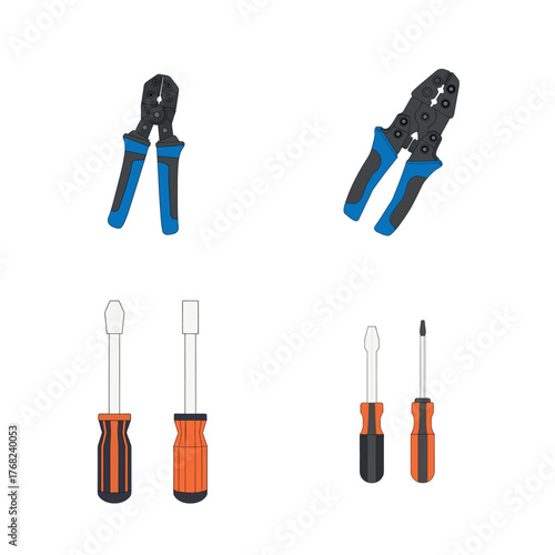Metal screwdriver set and tool bits with a plastic handle for repair work isolated on white