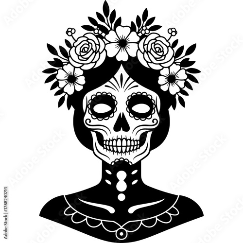 Vector of a Sugar Skull woman with a flower crown. Gothic portrait for the Day of the Dead festival. Symbol of Mexican culture and tradition. For tattoo or t-shirt design.