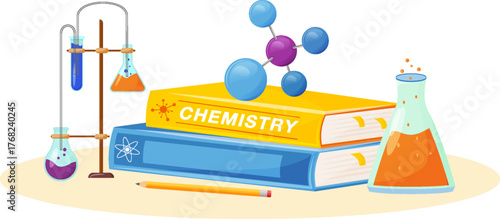 Chemistry textbooks with lab equipment concept art