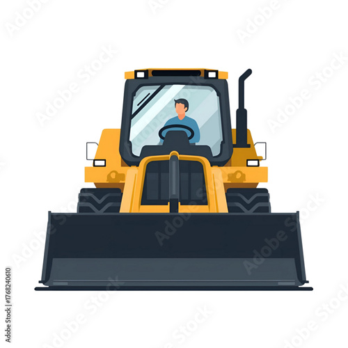 Front view of construction bulldozer with driver illustration