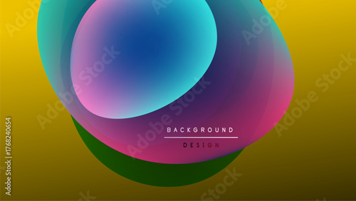 Abstract colorful shapes overlap, creating vibrant visual effect. Gradient hues blend smoothly, forming modern design element.