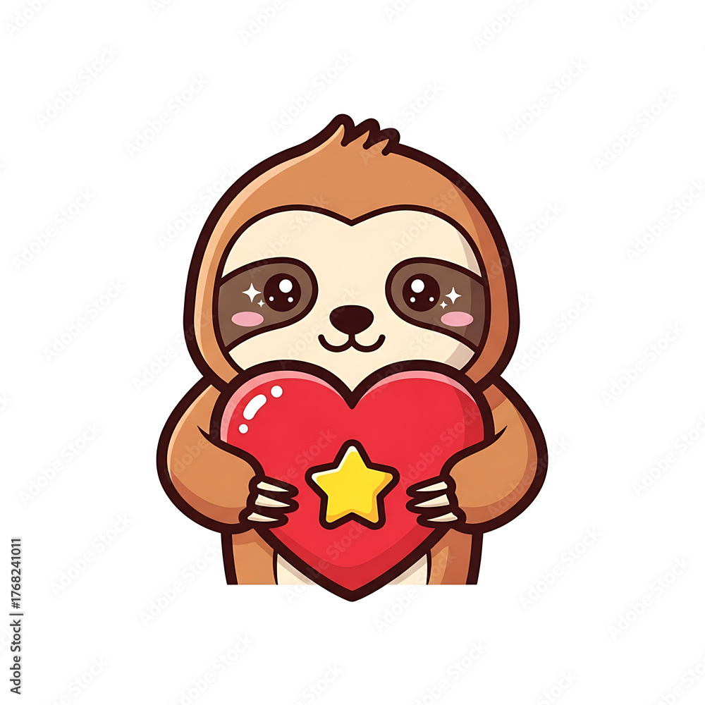 Obraz premium Cute sloth holding a red heart with a yellow star isolated on white background