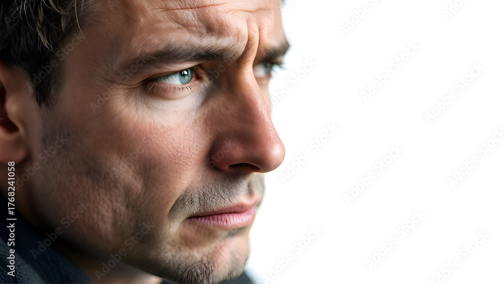 Fototapeta premium Realistic Sad Man Portrait on White Background Emotional Isolated Male Expression Photography.