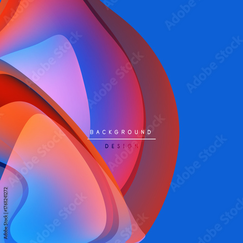 Abstract fluid shapes overlap, creating vibrant color gradients. Blue dominates right side, orangered left. Text reads background design.