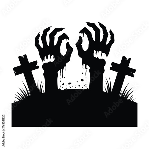 Zombie hands rising from grave Silhouette, Vector, Illustration