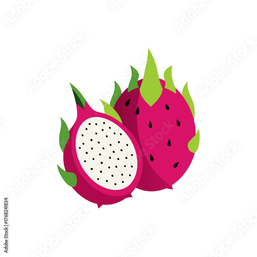 Two dragon fruits one cut in half showing pulp