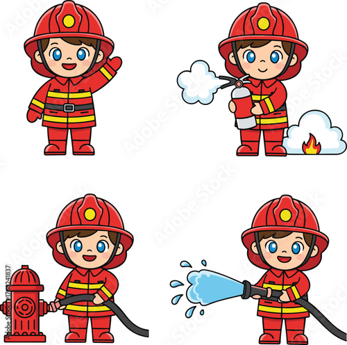 Cute child firefighter cartoon set, fire hose, fire extinguisher, fire hydrant, safety hero, emergency, rescue kids clipart illustration
