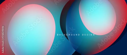 Abstract design features overlapping circles. Colors blend from red, blue, turquoise creating dynamic visual effect. Modern background.