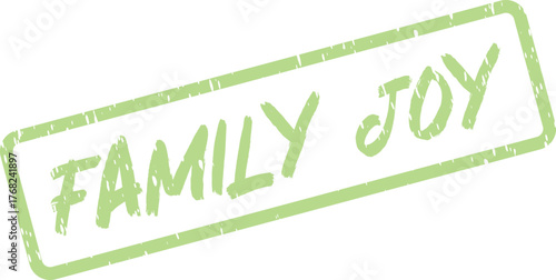 Distressed light green rubber stamp displaying the message Family Joy in a prominent typeface