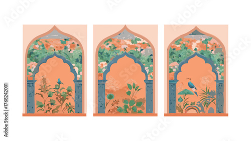 Three panels depicting arched windows with floral and plant motifs and a bird in the right panel