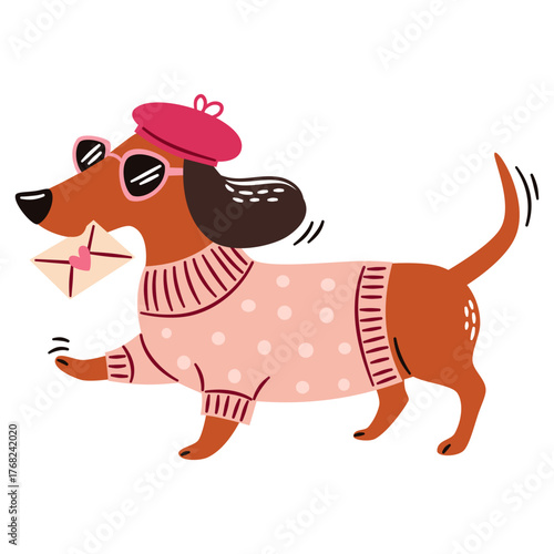 A cute dachshund wearing sunglasses and a beret carries a love message. Flat vector illustration in a simple children's style. . Vector illustration