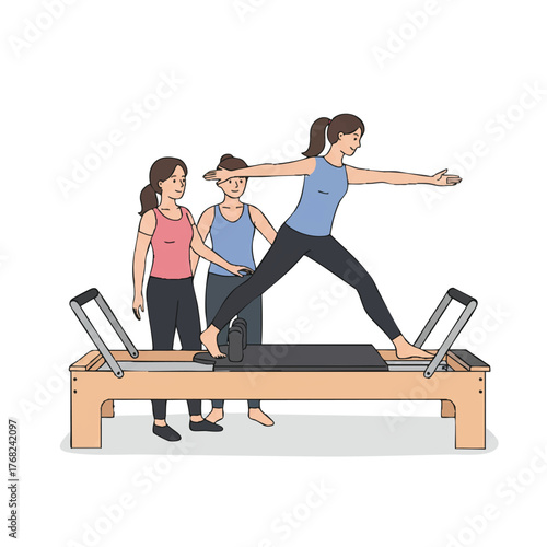 Flat 2D vector illustration depicts a young woman performing controlled footwork on a Pilates reformer machine, guided by a female instructor observing her technique for fitness and core strength.