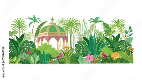 Illustration of a garden with a gazebo, various plants, flowers, and birds in a vibrant color palette