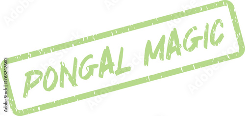 A vibrant green distressed Pongal Magic stamp effect conveys festive celebration and joyful wonder