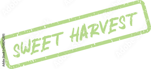 Vibrant green grunge texture stamp displays Sweet Harvest text on clean white space