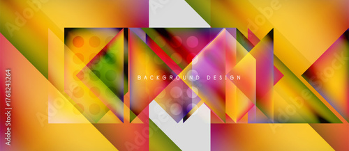 Abstract geometric composition. Vibrant colors blend, creating dynamic visual effect. Shapes overlap, forming modern design.