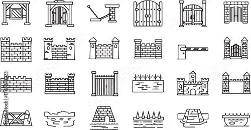 Outline Vector Icons Set of Walls, Gates, Barriers, and Security Structures