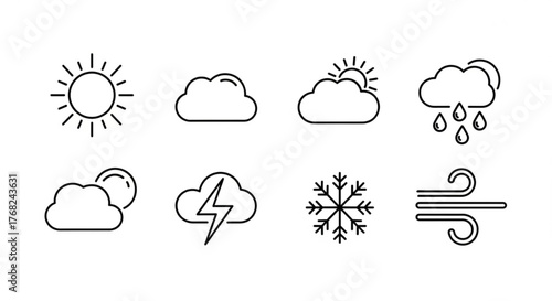Weather forecast icons set showing sun cloud rain snow lightning and wind in simple black outlines created with generated ai