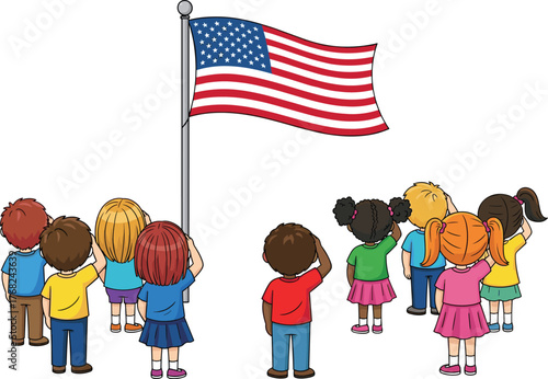 Diverse group of school children saluting American flag, patriotic cartoon kids celebrating national pride, United States education ceremony scene