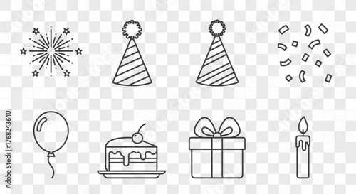Illustration of birthday party elements including cake, gift, balloon, candle and party hats design created with generated ai