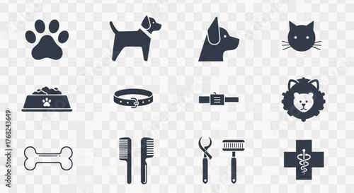 Collection of pet care icons including dog, cat, lion, paw print, and veterinary cross symbol design created with generated ai