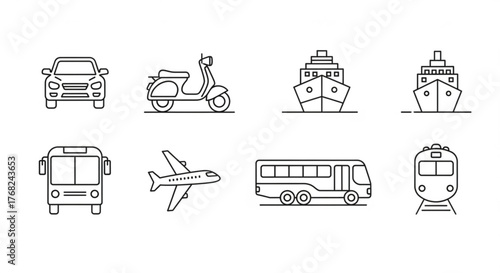 Outline style icons showing various modes of transportation including car scooter ship airplane and train created with generated ai