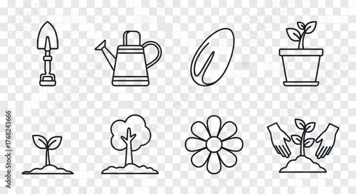 Illustration of gardening tools and plants including a shovel, watering can, seed, and a flower pot created with generated ai